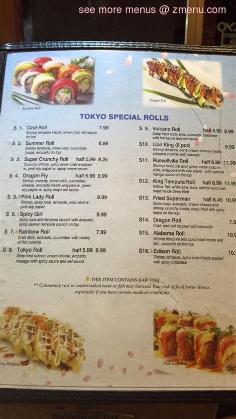 Menu at Tokyo Japanese Restaurant, Russellville