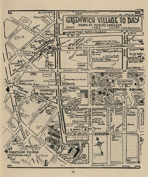 Greenwich Village: A hand-drawn map of its notable features in 1925.