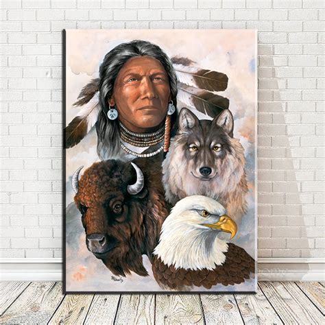 1pc Native American Indian Girl with Eagle Fox Printed Canvas Painting Living Room Wall Art ...