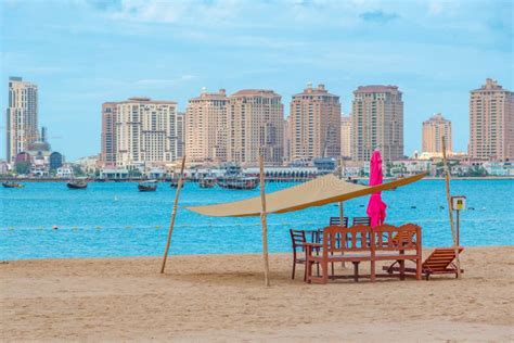 Skyline of Doha Viewed Behind Katara Beach, Qatar Stock Image - Image ...