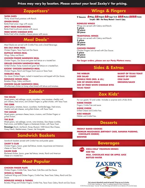 Zaxby's Menu, Menu for Zaxby's, Cookeville, Cookeville - Urbanspoon/Zomato