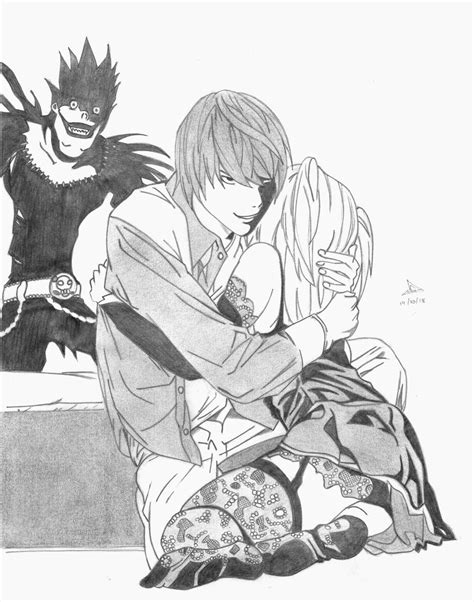 Light Yagami giving Misa Misa a hug, with Ryuk in the background watching... | My drawings ...