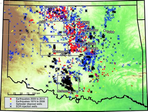 Earthquakes and injection wells in Oklahoma. The map shows the ...