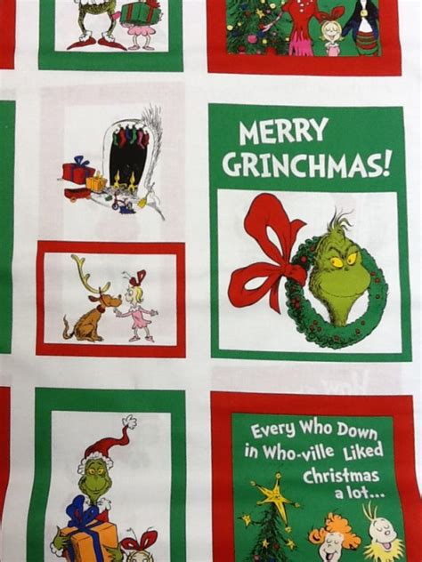 The Grinch Dr. Seuss How The Grinch Stole Christmas 24 inch panel. Green and Red Blocks on white ...