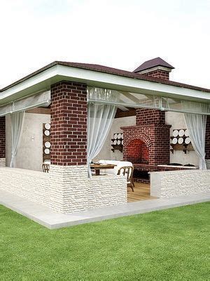 an outdoor living area with brick walls and white drapes on the side of it