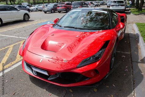 Top front side view of red Ferrari F8 Tributo . Mid-engined rear drive ...