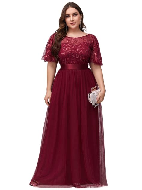 Women's Plus Size Round Neck Sequin A-Line Tulle Evening Party Dress for Women 0904-PZ