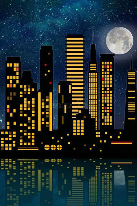 2d drawing of a night city stock illustration. Illustration of evening - 216090837