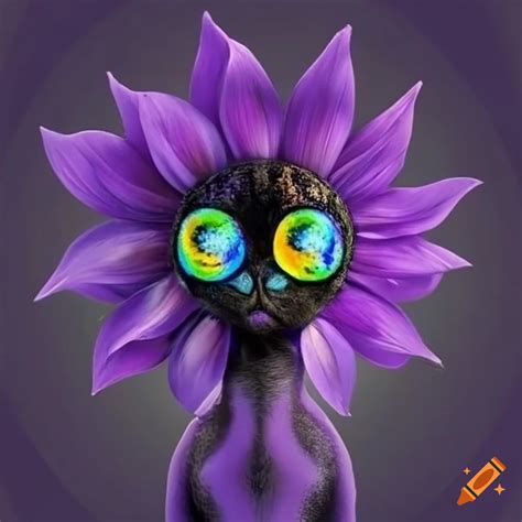 Cat with sunflower-shaped head in violet and black colors on Craiyon