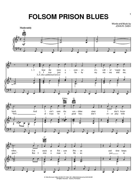 "Folsom Prison Blues" Sheet Music Downloads by Johnny Cash scored for Piano/Vocal/Chords