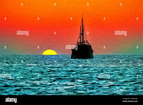 Pirate ship ocean sunset silhouette is an old wooden pirate ship with full flags as the sun sets ...