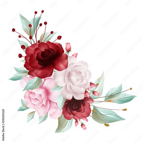 Floral decoration for wedding invitation card border. Watercolor flowers illustration of red ...