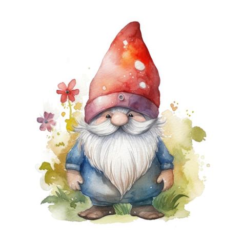 Whimsical Gnome Cartoon in Pastel Watercolor on White Background ...