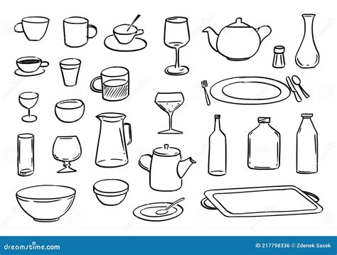 Dishes or Tableware Set, Sketchy Cartoon Hand Drawing Stock Vector - Illustration of restaurant ...