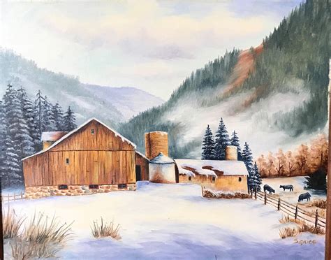 Winter Farm Oil Painting, Cows in Winter, Snow Farm Mountains, Mountain ...