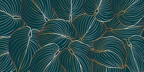 Luxurious art deco gold line hosta leaves background hand drawn line tropical leaves. Wallpaper ...