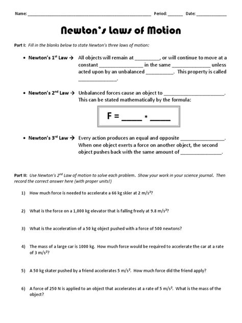 Newtons Laws Worksheet 6th Grade