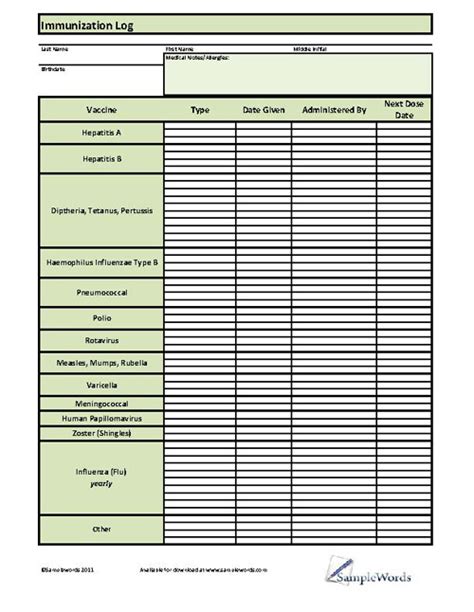 Immunization Log - Download Medical Organizer PDF Template