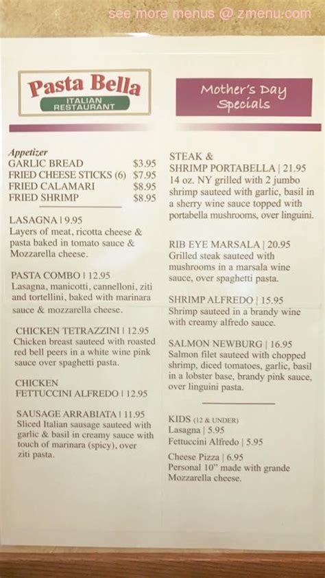 Menu at Pasta Bella steakhouse, Mason City, 416 Indianhead Dr