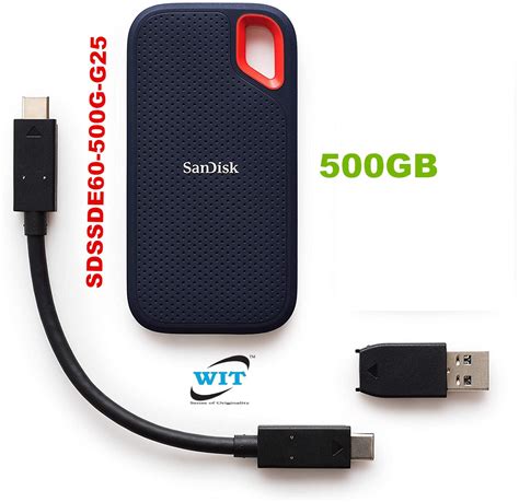 500GB SanDisk Extreme Portable SSD (SDSSDE60-500G-G25) USB 3.1 Gen 2 Type-C and Type-A Interface ...