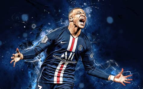 Download wallpapers Kylian Mbappe, goal, 2020, PSG, french footballers, blue neon lights, Kylian ...