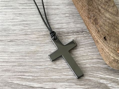 Large Hematite Cross necklace, choose between black leather or black Cotton cord, long cross pendant