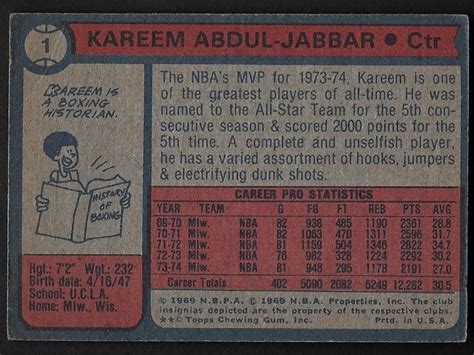 Kareem Abdul-jabbar Autograph Signed 1974 Topps Card 1 Bucks - Etsy