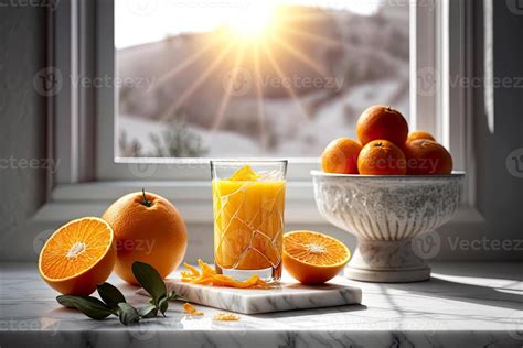 Commercial still life photo of orange juice with glasses over marble ...