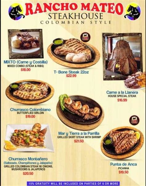 Rancho Mateo Colombian Steakhouse menu in Miami, Florida, USA