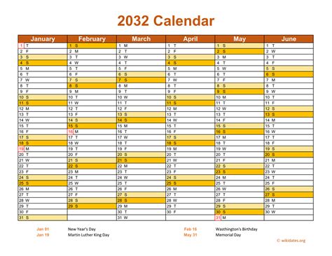 2032 Calendar on 2 Pages, Landscape Orientation | WikiDates.org