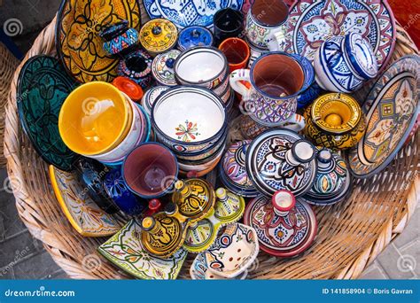 Traditional Moroccan Market with Souvenirs. Handmade Ceramic Stock ...