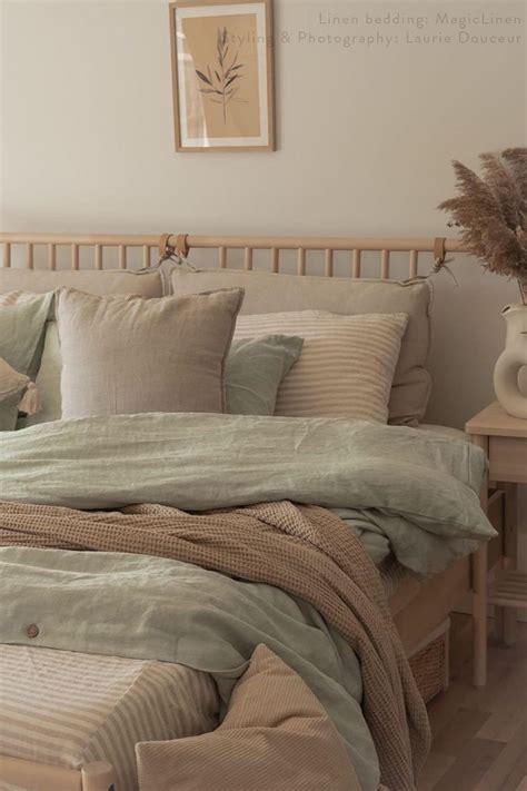 Sage Green & Striped in Natural Linen Bedding Combo | MagicLinen in ...
