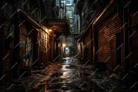 Premium Photo | A dark alley with graffiti on the wall