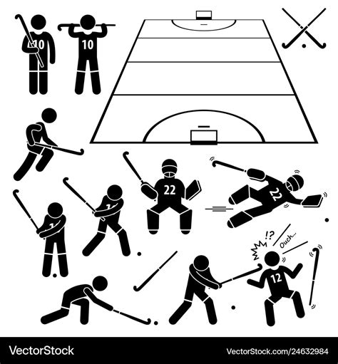 Field hockey player actions poses stick figure Vector Image