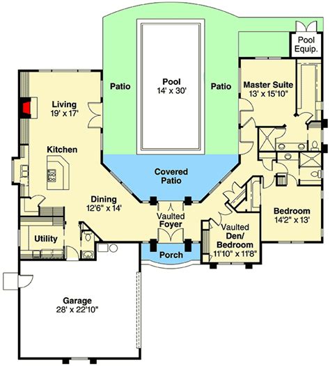 Wrap Around Central Courtyard with Large Pool - 72108DA | Architectural Designs - House Plans