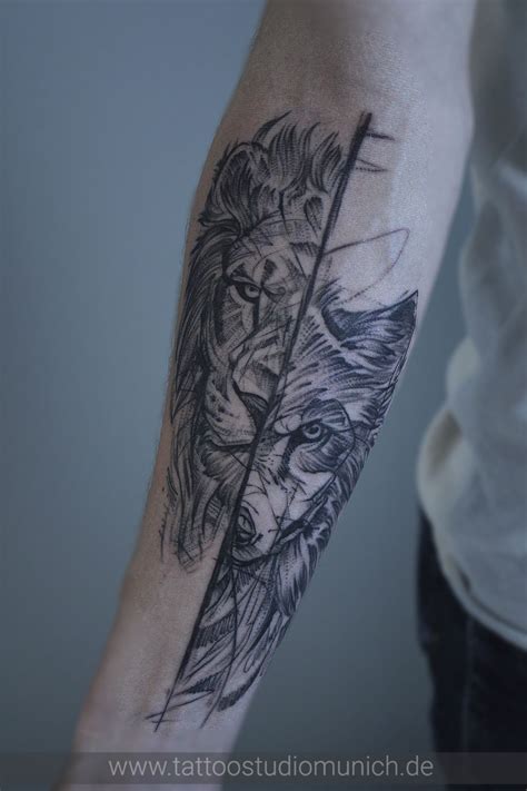 Wolf and lion graphic style tattoo | Wolf tattoo ideen, Tattoo ideen unterarm, Tattoo ideen