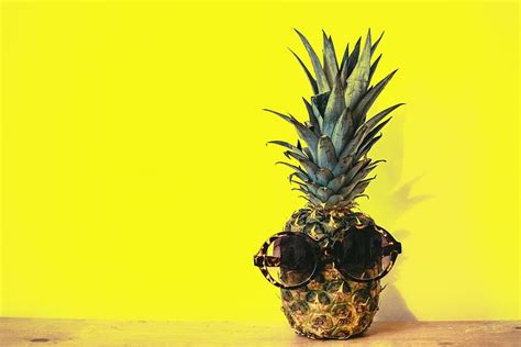 pineapple, sunglasses, yellow, background, minimal, table, wood, food ...