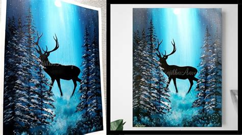 How to paint deer | misty Forest | Moon Light Night painting | Acrylic Painting on Canvas ...