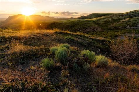 the sun is setting over some hills and scrubby grass in the foreground ...