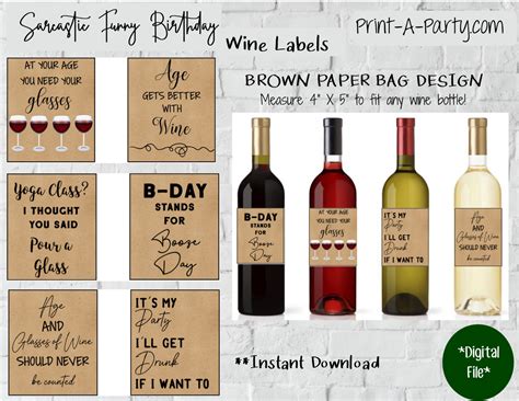 Birthday Wine Labels Sarcastic Funny (6) - INSTANT DOWNLOAD – PrintAParty
