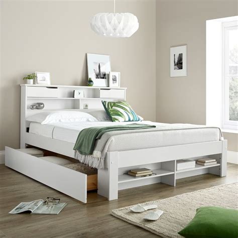 Fabio White Wooden 2 Drawer Bookcase Storage Bed Frame Only - 5ft King ...