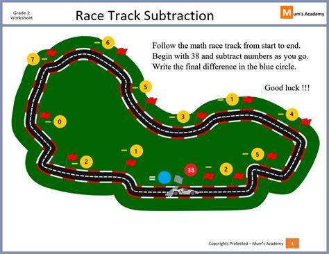 Grade 2 - Worksheet - Race Track Subtraction - Mum's Academy