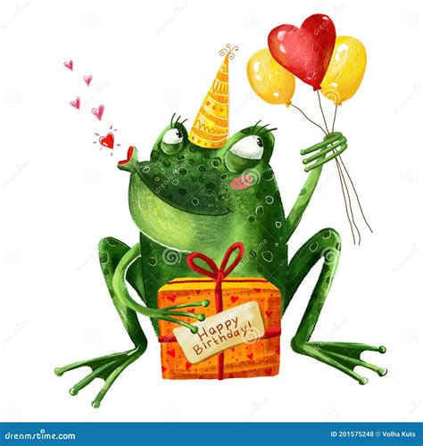 Frog with a Gift and Balloons. Character for Postcards, Stickers, Printing on Objects. Stock ...