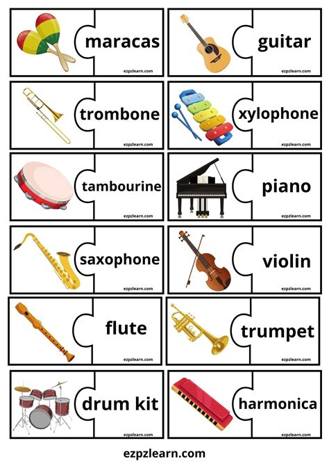 Musical Instruments Word Match Game - Ezpzlearn.com