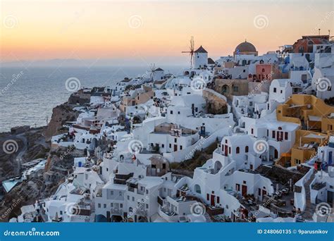 Santorini View. Oia Village on Sunset. White Buildings Architecture ...