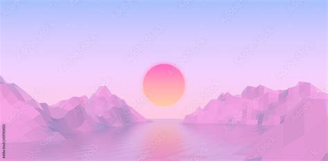 Abstract vaporwave landscape with sun rising over pink mountains and sea on calm pink and blue ...