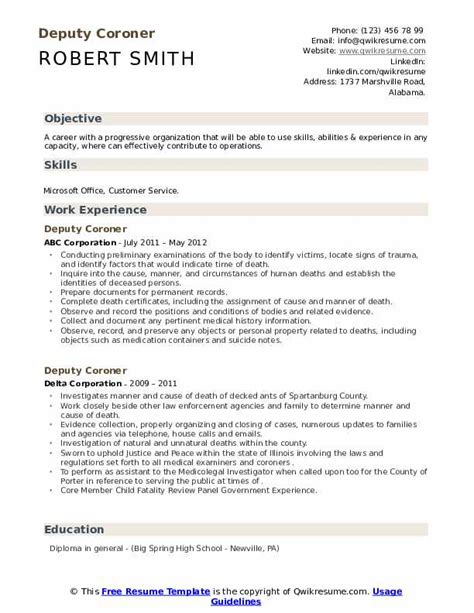 Deputy Coroner Resume Samples | QwikResume