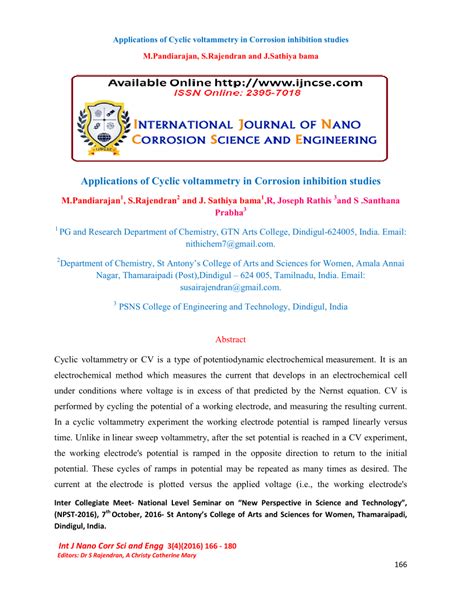 (PDF) Applications of Cyclic voltammetry in Corrosion inhibition studies Int J Nano Corr Sci and ...