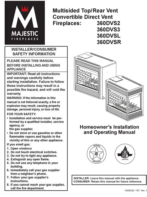 MAJESTIC FIREPLACES 360DVS2 HOMEOWNER'S INSTALLATION AND OPERATING ...