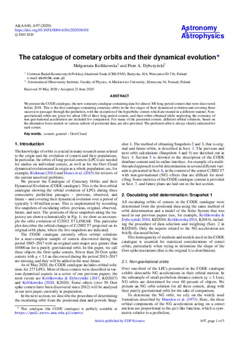 (PDF) The catalogue of cometary orbits and their dynamical evolution ...